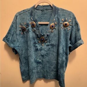 Authentic Vintage 90s Blue tie dye  Women's Top western with silver conch